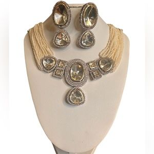 Indian Bridal Kundan Necklace, 12” long- length adjustable with tassel, white